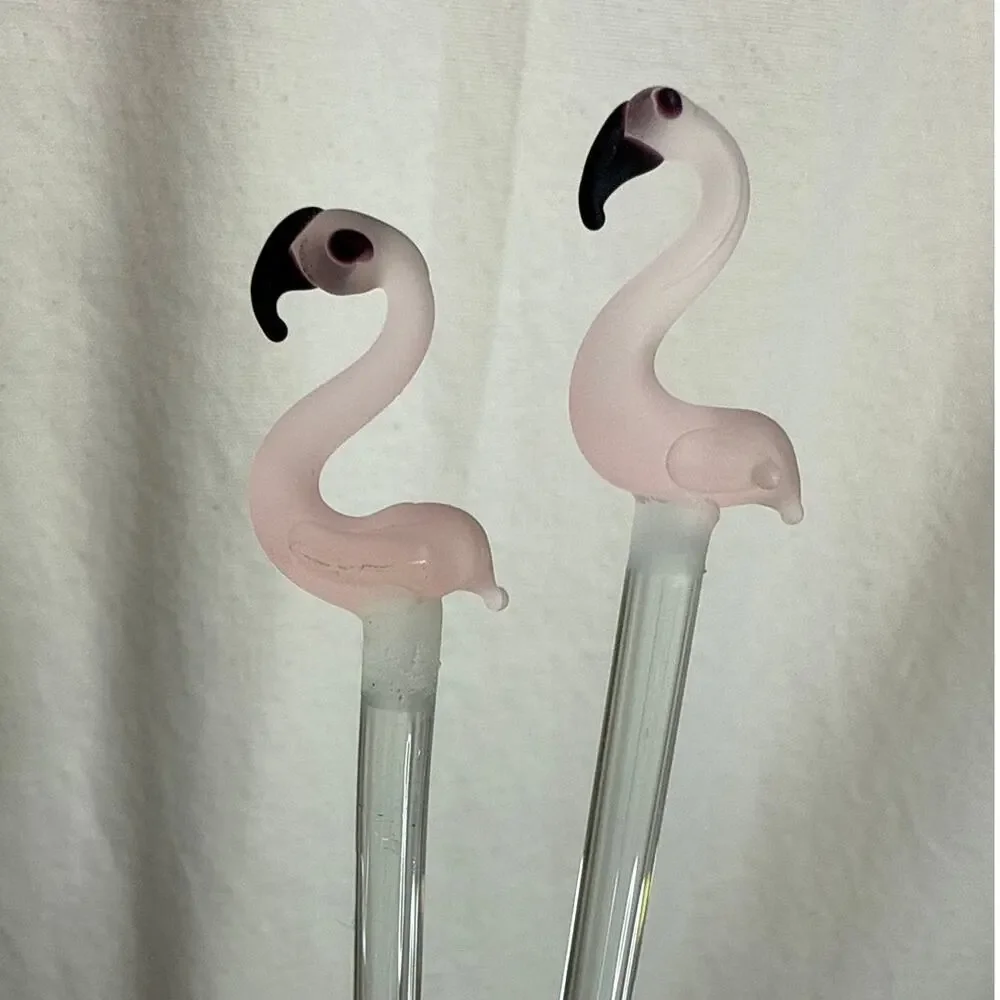 Hand Blown Glass Pink Flamingo Drink Stirrers / Swizzle Sticks Tropical Barware